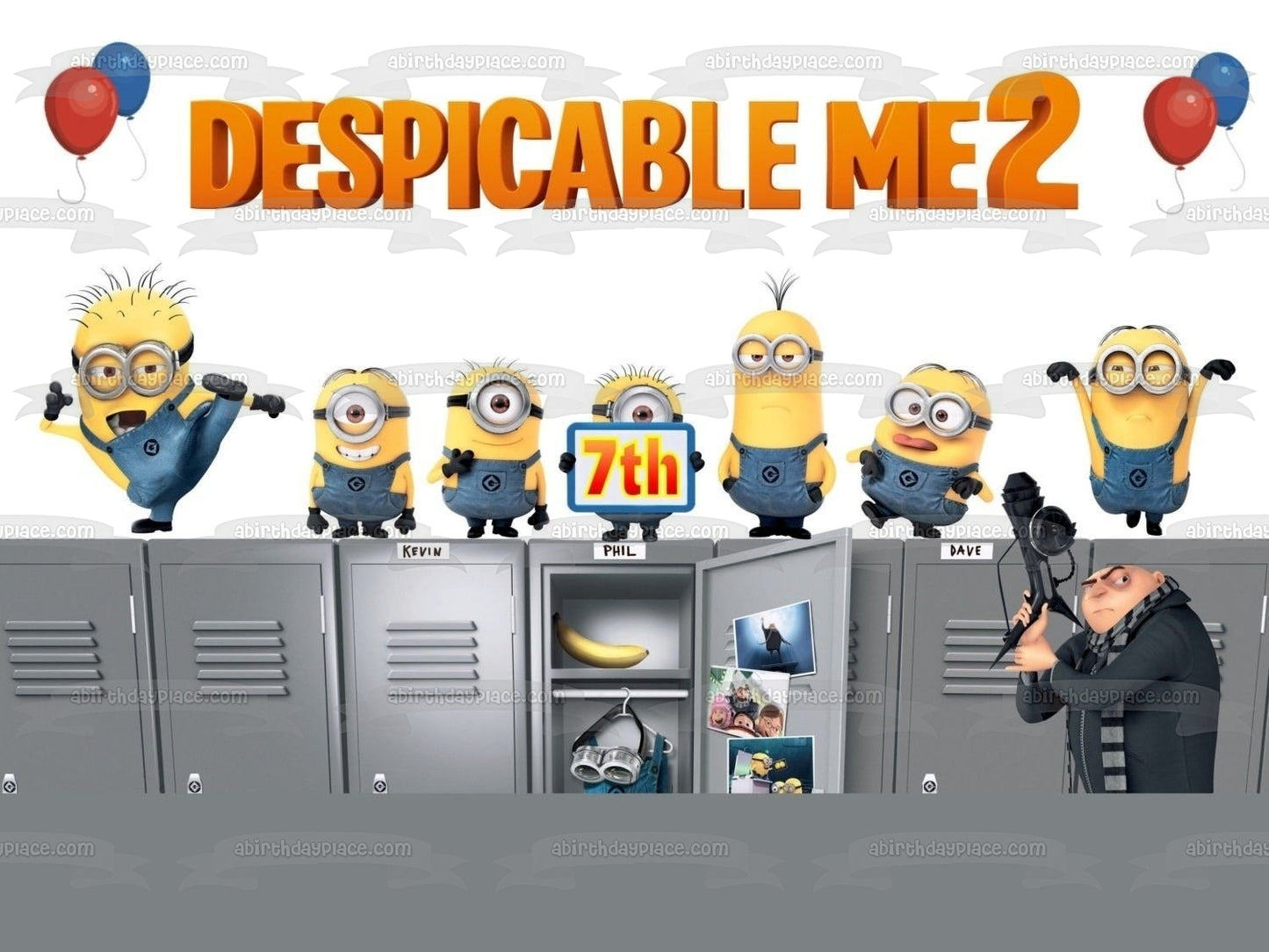 Despicable Me 2 Minions School Lockers Gru Kevin Stuart Globos Decoración comestible para tarta Imagen ABPID01883 