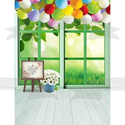 Fiesta Celebra Flores Blancas y Globos de Colores Imagen de Decoración Comestible para Pastel ABPID01962 