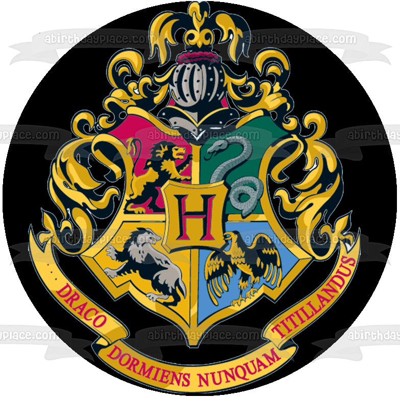 Adorno comestible para tarta con escudo de Hogwarts, león, serpiente, águila y lobo de Harry Potter, imagen ABPID03283 