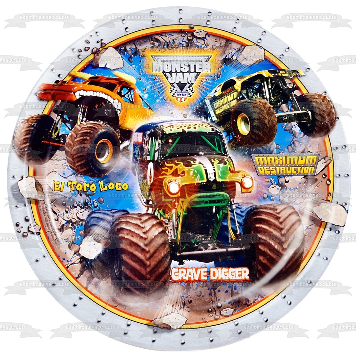 Monster Jam El Toro Loco and Grave Digger Maximum Destruction Edible Cake Topper Image ABPID03370