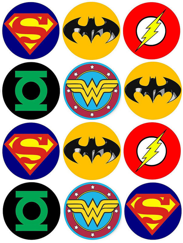 Superhero Logo Superman Batman the Flash Wonder Woman and Green Lantern Edible Cupcake Topper Images ABPID03442