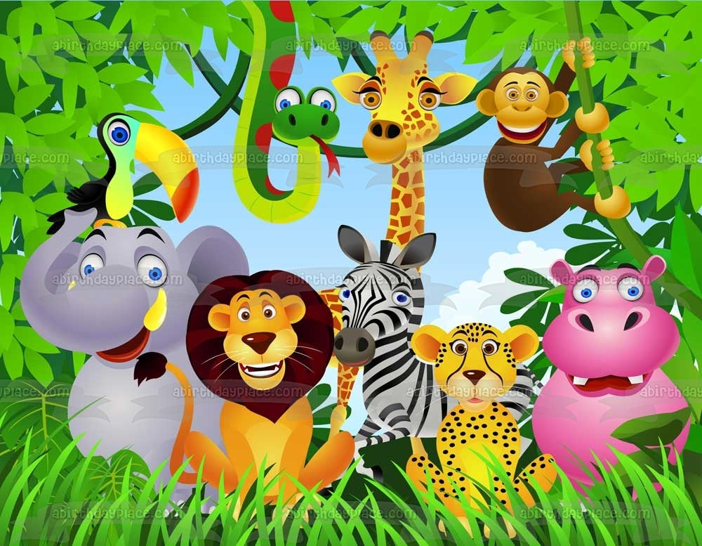 Animales de safari en la selva, elefante, serpiente, mono, jirafa, cebra, leopardo, león, hipopótamo y un tucán, decoración comestible para tarta, imagen ABPID03488 