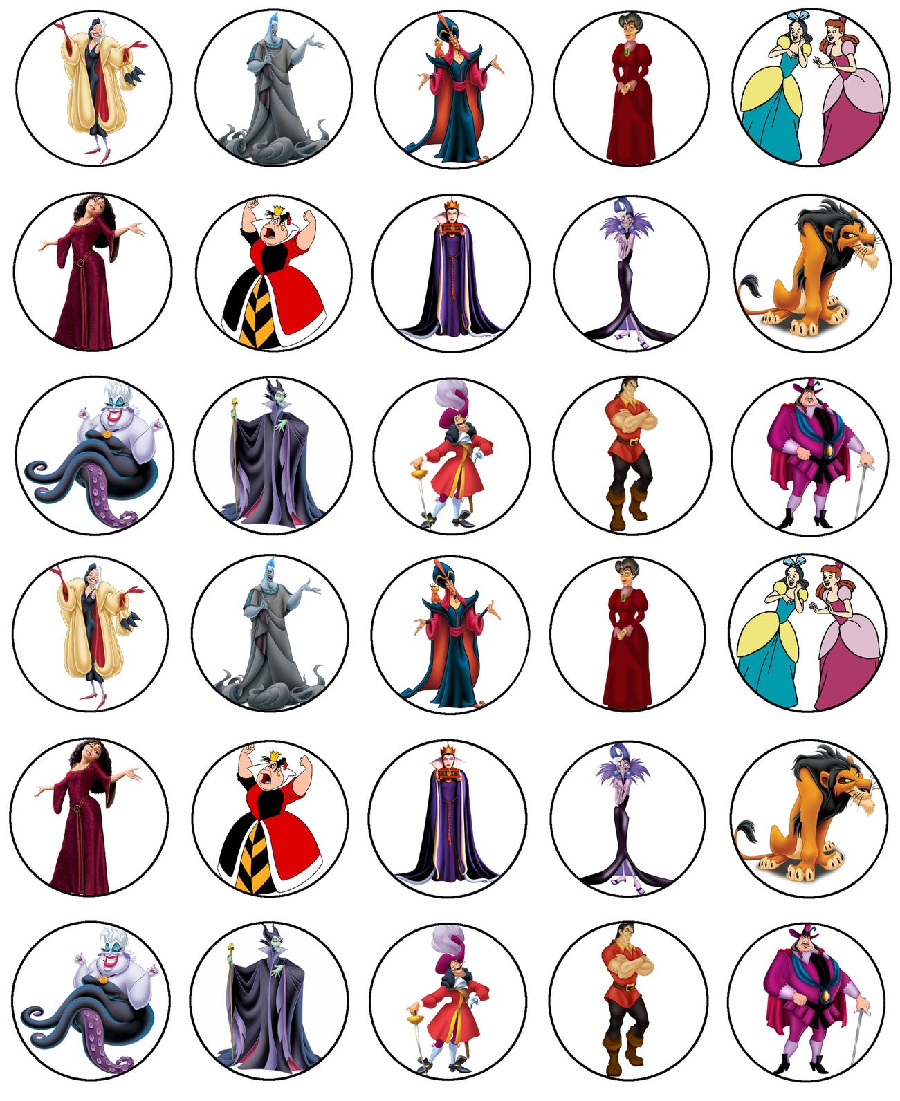 Disney Villian Cruella De Ville Ursula Scar Maleficent Captain Hook Yzma Stepmother Governor Ratcliffe Evil Queen Gaston Edible Cupcake Topper Images ABPID03551