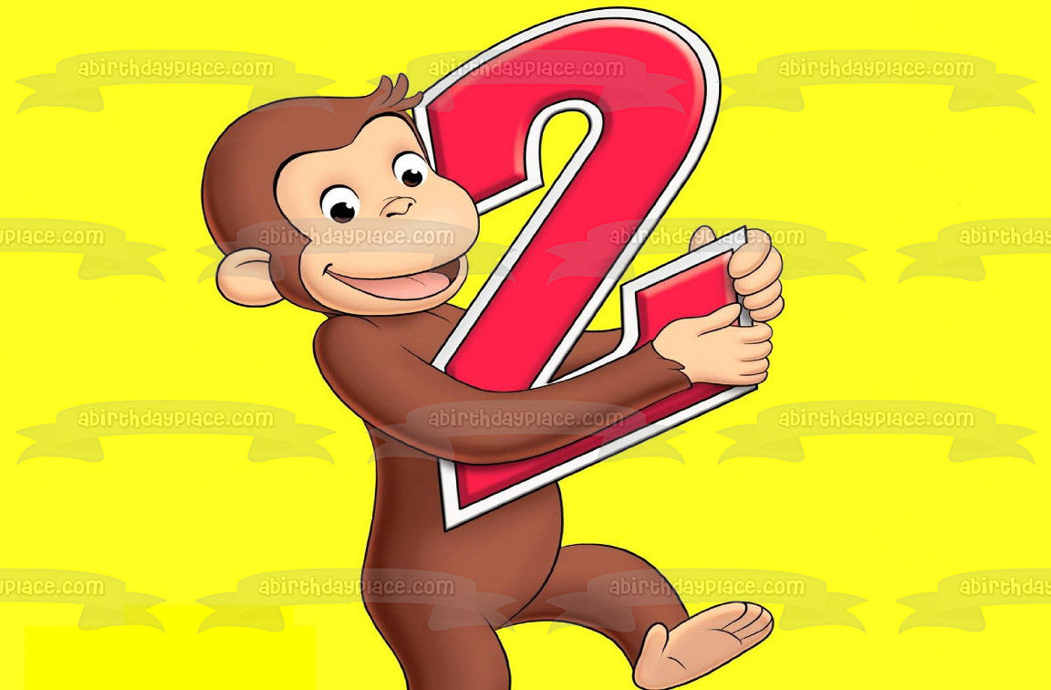 Curious George Happy 2nd Birthday Number 2 with a Yellow Background Edible Cake Topper Image ABPID03621