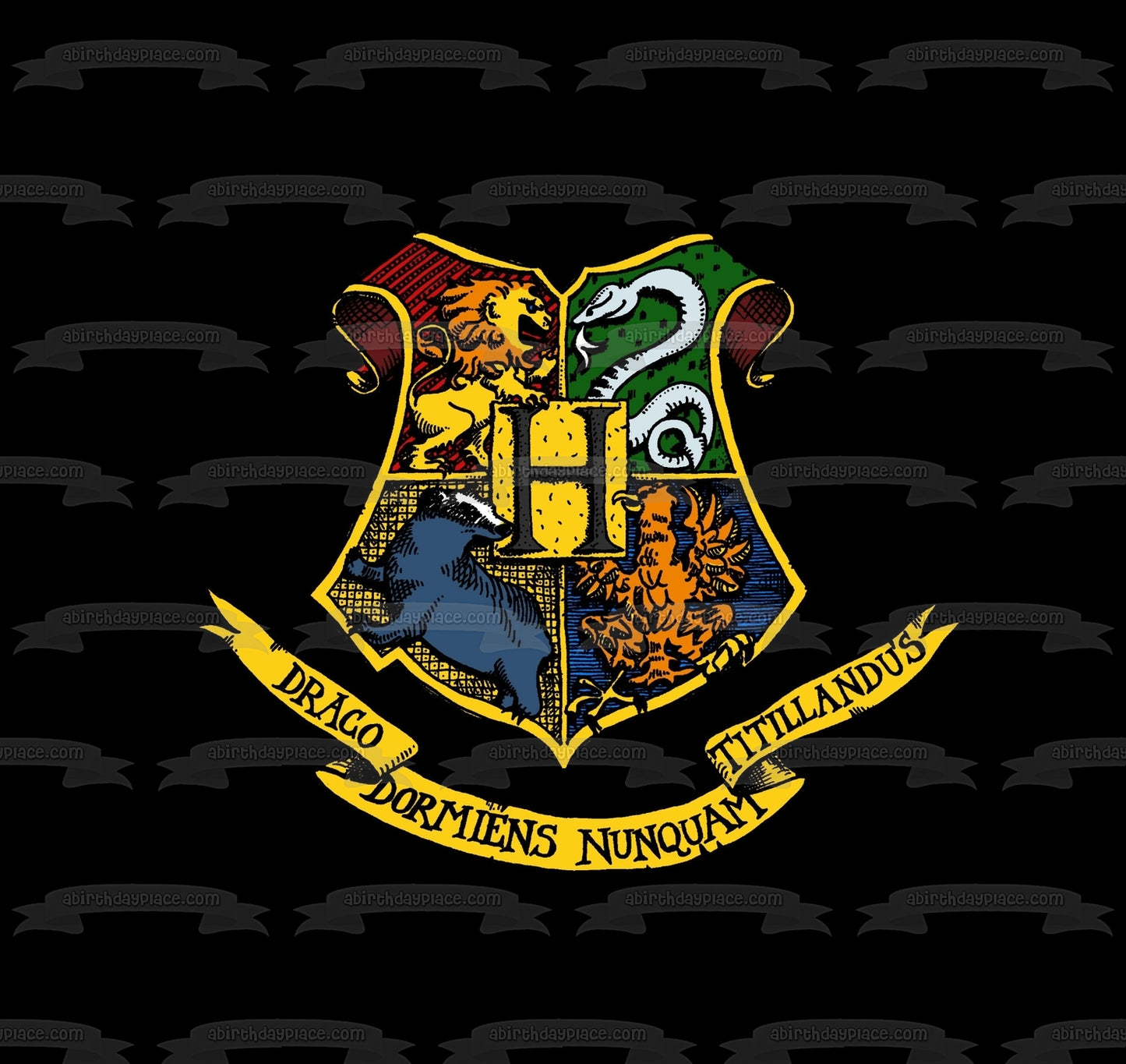 Harry Potter Hogwarts Crest Lion Snake Eagle Wolf Draco Dormiens Nunquam Titillandus Edible Cake Topper Image ABPID03682