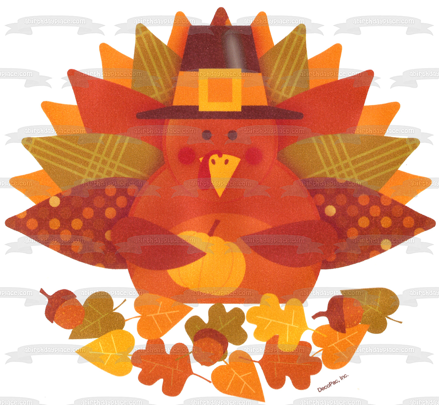 Feliz Día de Acción de Gracias, sombrero de peregrino de pavo y una calabaza, adorno comestible para pastel, imagen ABPID04013 