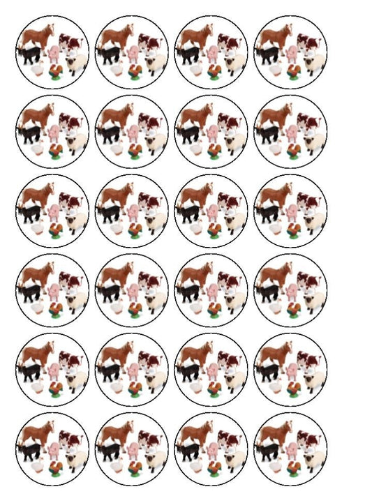 Animales de granja Caballo Vaca Oveja Cerdo Pollo Pato y una cabra Imágenes comestibles para cupcakes ABPID04269 