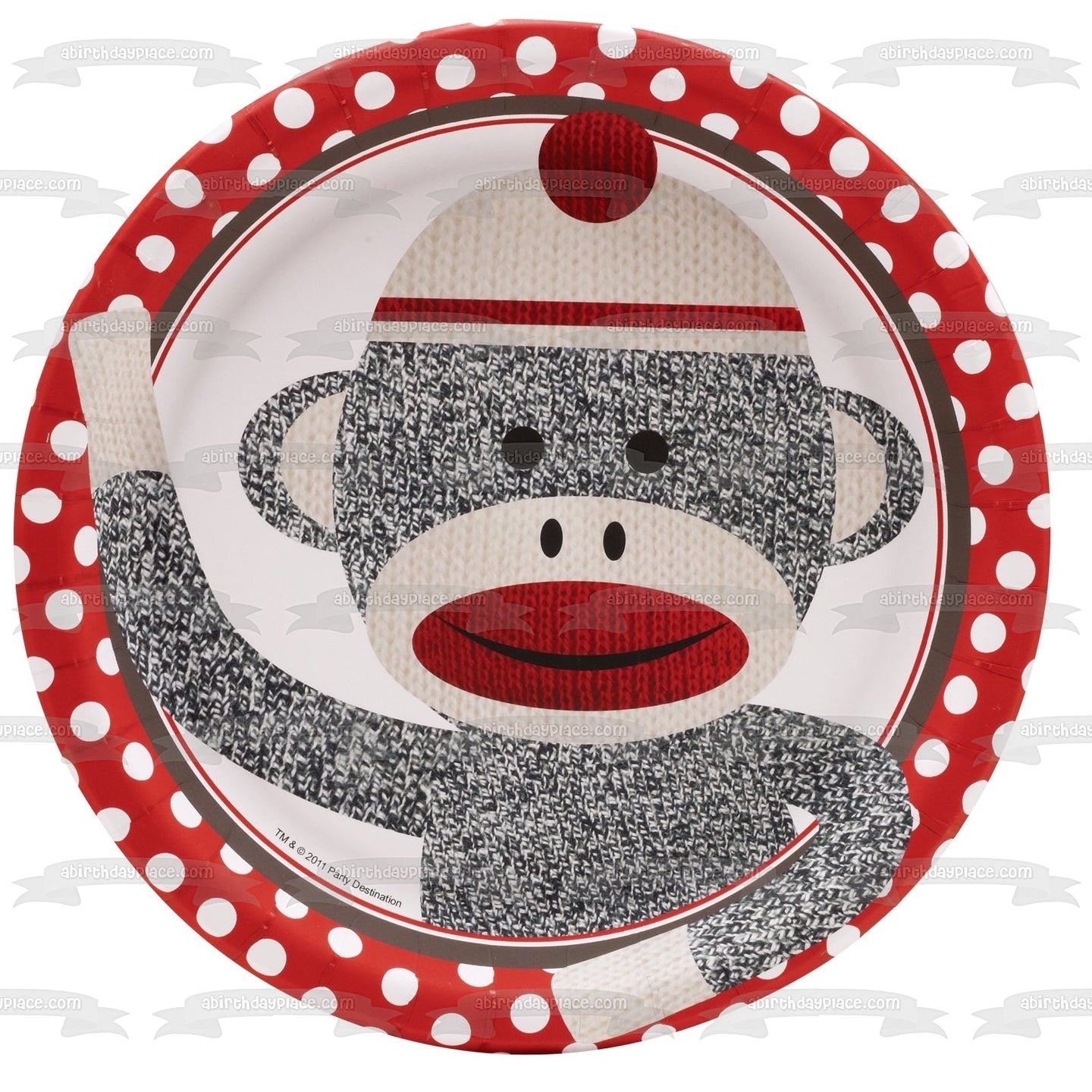 Grey Sock Monkey with a  Red and White Polka Dot Background Edible Cake Topper Image ABPID04517