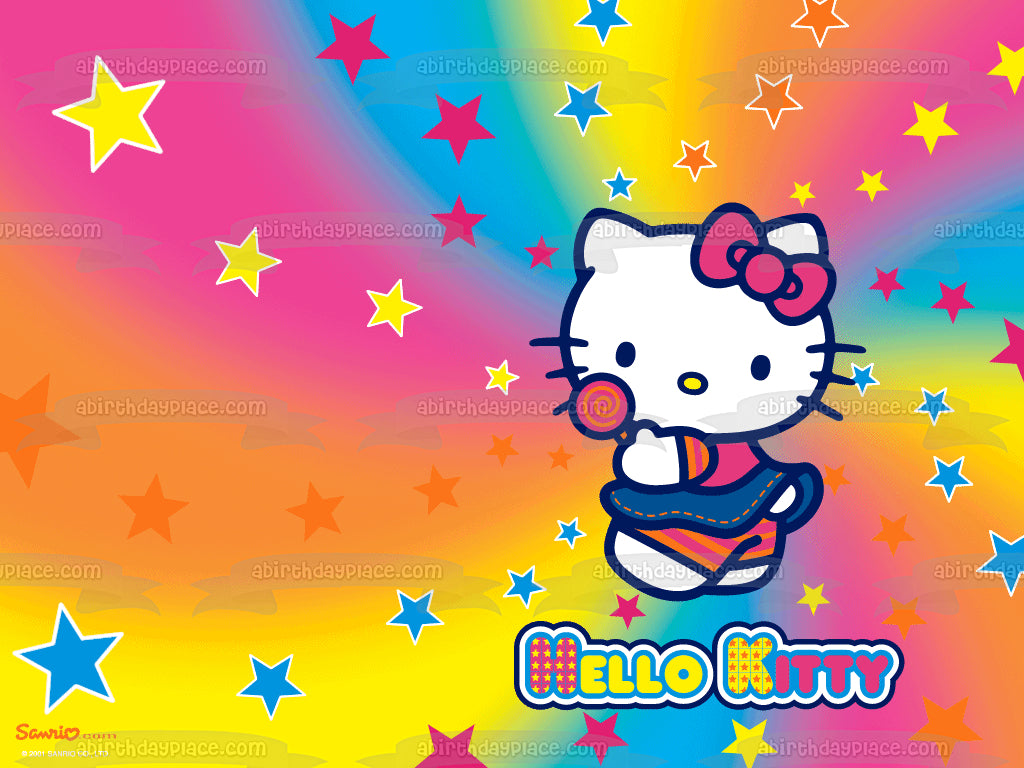 Hello Kitty Candy on a Rainbow Star Spiral Background Edible Cake Topper Image ABPID04557