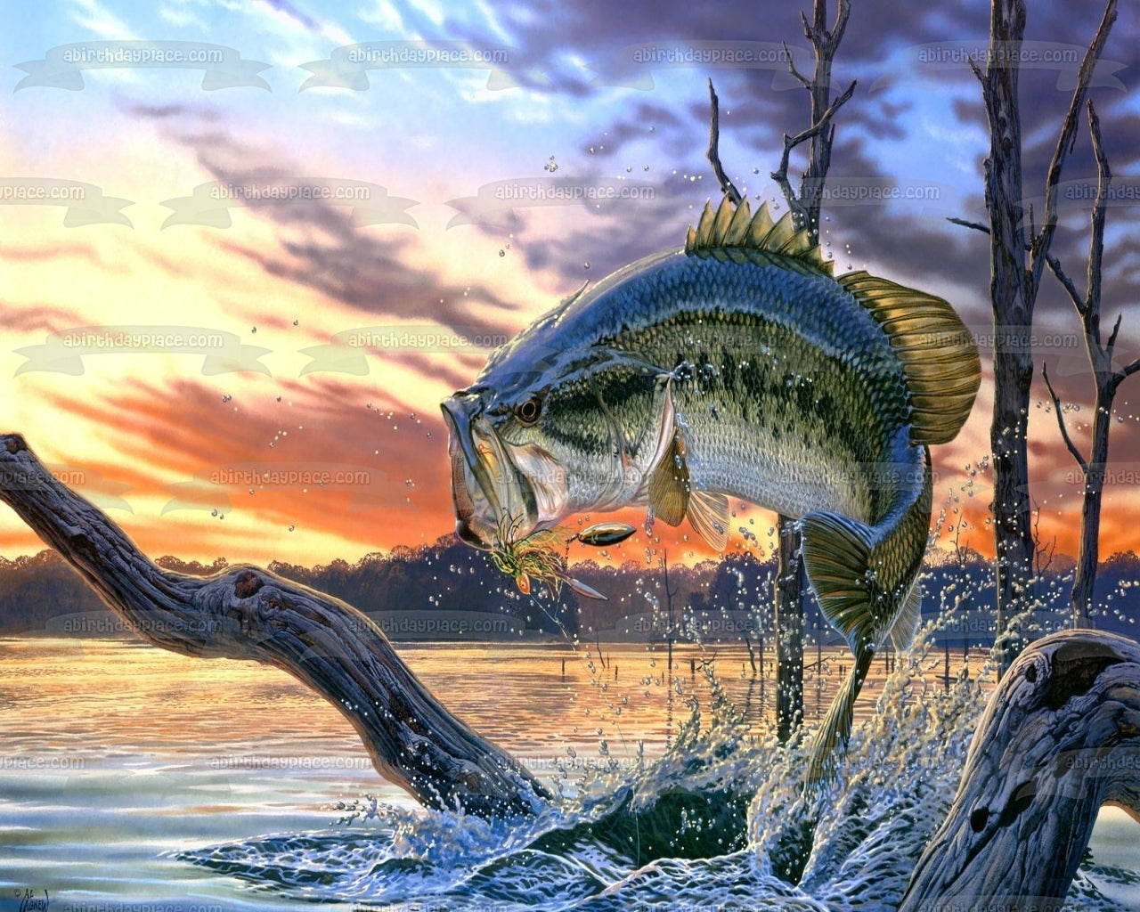 Bass Fishing Fish Out of Water Sunset Edible Cake Topper Image ABPID04589