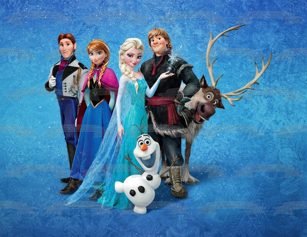 Frozen Anna Elsa Olaf Sven Kristoff and a Blue Background Edible Cake Topper Image ABPID04654
