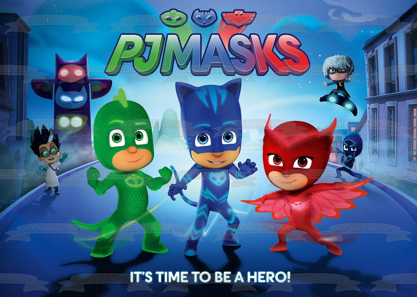 Pj Masks Catboy Owlette y Gekko ¡Es hora de ser un héroe! Imagen comestible para decoración de tarta ABPID04662 