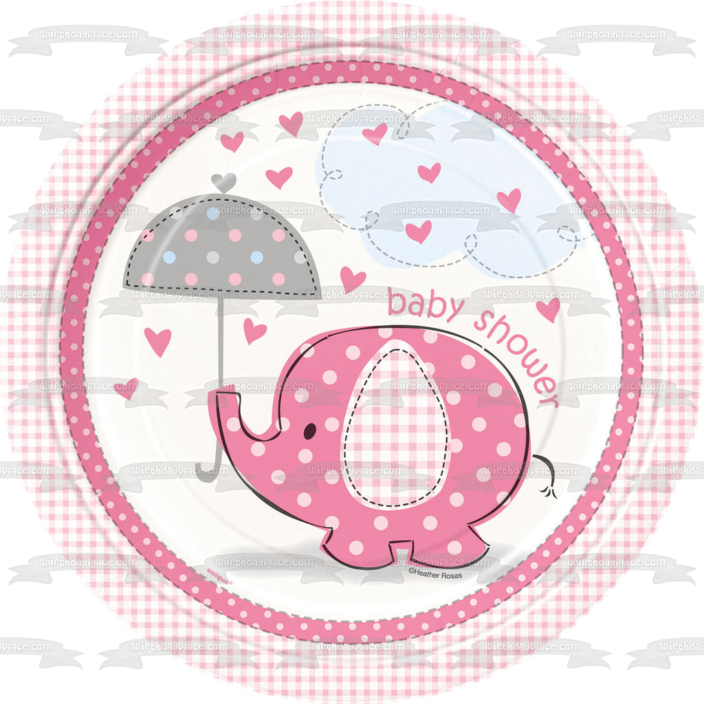 Pink Elephant Umbrella Baby Shower Raining Hearts Edible Cake Topper Image ABPID04689