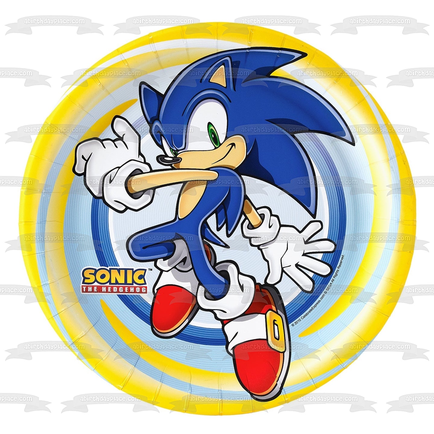 Logotipo de Sonic the Hedgehog Sonic con un fondo en espiral amarillo y azul Imagen comestible para decoración de tarta ABPID04706 