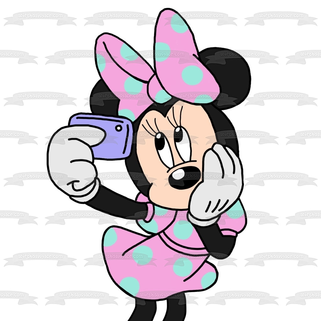 Minnie Mouse Taking a Cell Phone Selfie Edible Cake Topper Image ABPID04731