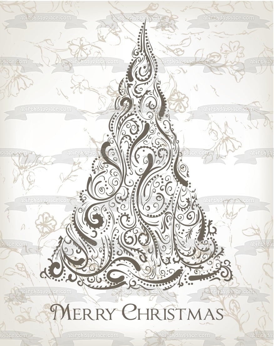 Merry Christmas Paisley Tree Background Scetches Roses Edible Cake Topper Image ABPID04846