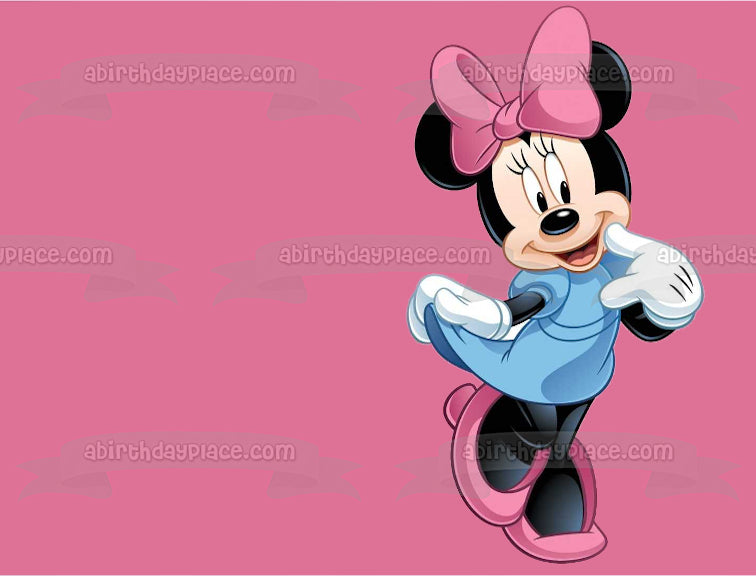 Adorno comestible para tarta con vestido azul de Minnie Mouse y fondo rosa Imagen ABPID04867 