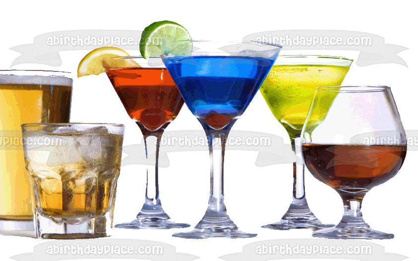 Alcohol Beer Martini and Brandy Alcoholic Drinks Edible Cake Topper Image ABPID04966