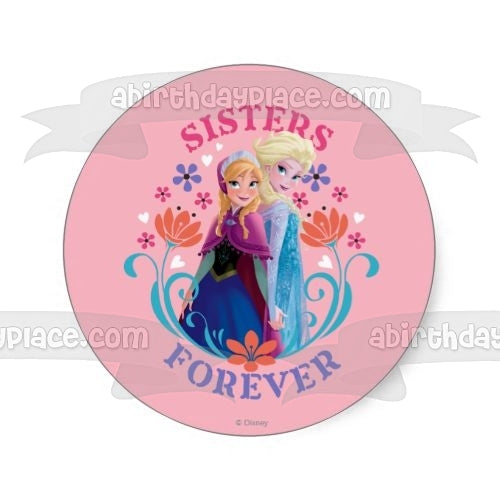 Imagen de decoración comestible para tarta de Frozen Anna Elsa Sisters Forever con flores ABPID04995 