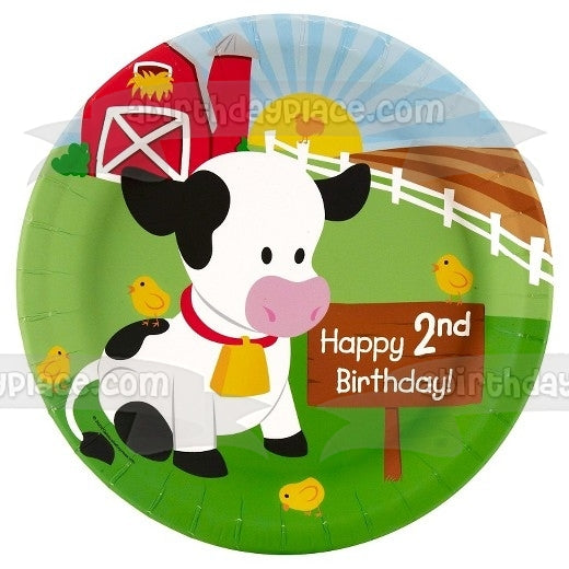 Feliz segundo cumpleaños, granja y una vaca, decoración comestible para tarta, imagen ABPID05010 