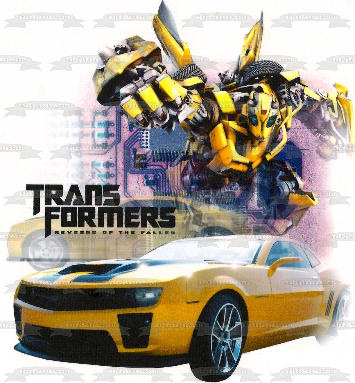 Transformers Reverse of the Fallen Bumblebee Autobot y Goldwheels Imagen comestible para decoración de tarta ABPID05231 