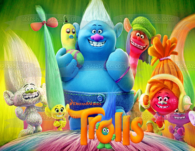 Trolls DJ Suki Smidge Satin Cooper Guy Diamond y Biggie Decoración comestible para tarta Imagen ABPID05277 