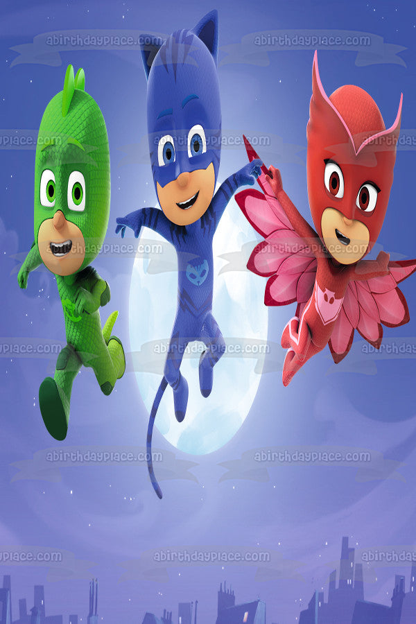 Pj Masks Owlette Catboy and Gekko Flying Edible Cake Topper Image ABPID05309