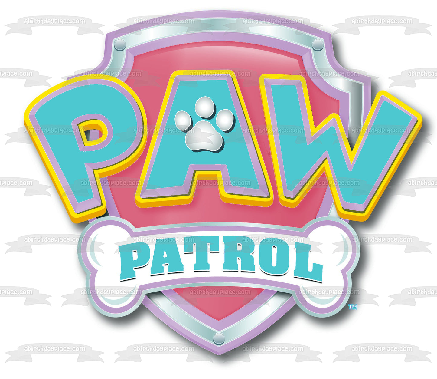 Adorno comestible para tarta con el logotipo de Paw Patrol en azul pastel y rosa, imagen ABPID05403 