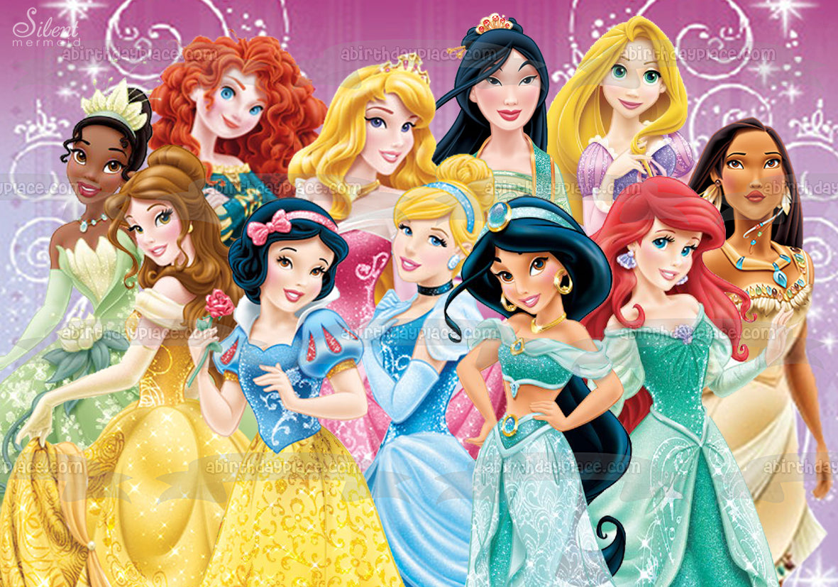 Princesses Cinderella Belle Ariel Snow White Jasmine Aurora Mulan Pocahontas Merida and Tiana Edible Cake Topper Image ABPID05566