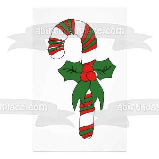 Merry Christmas Candy Cane and a Bow with Mistletoe Edible Cake Topper Image ABPID05658