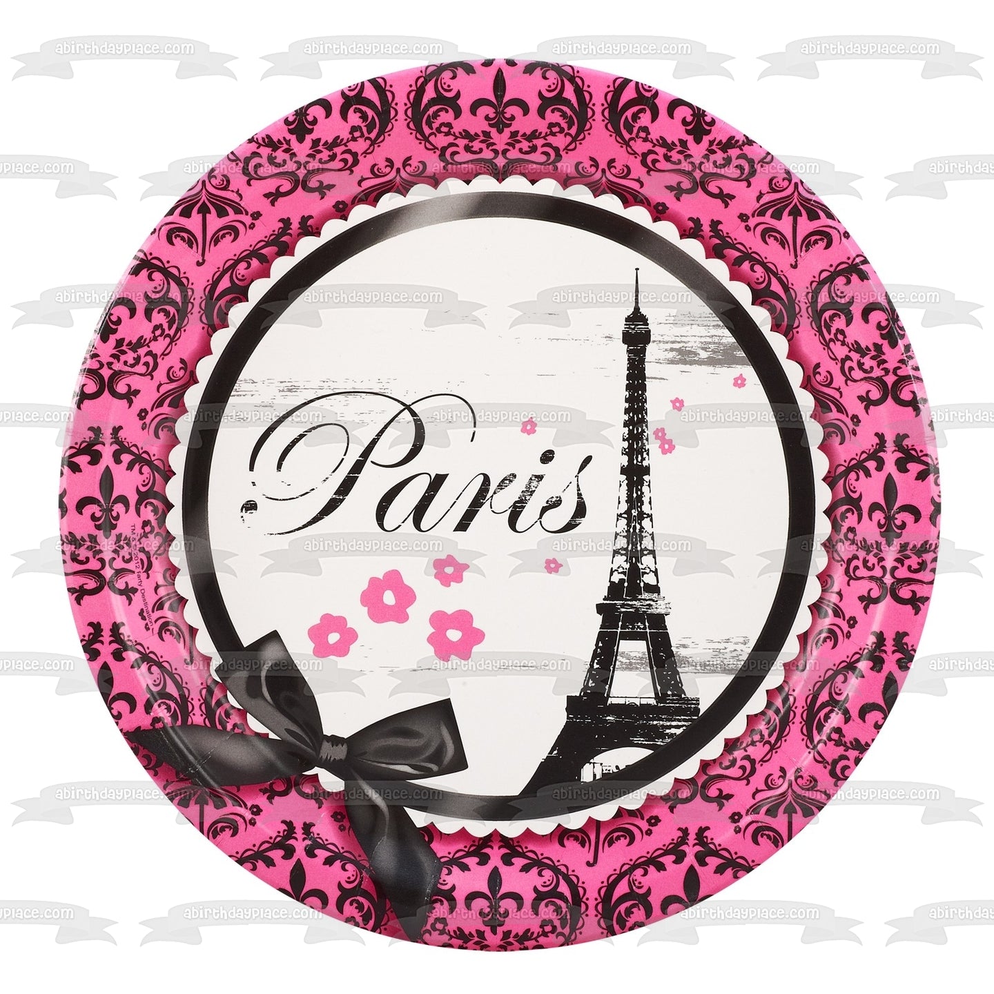 Fondo rosa de la Torre Eiffel de París con un lazo negro Imagen comestible para decoración de tarta ABPID05661 