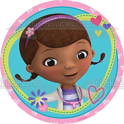 Doc McStuffins Hearts Flowers and a Stethoscope Edible Cake Topper Image ABPID05694