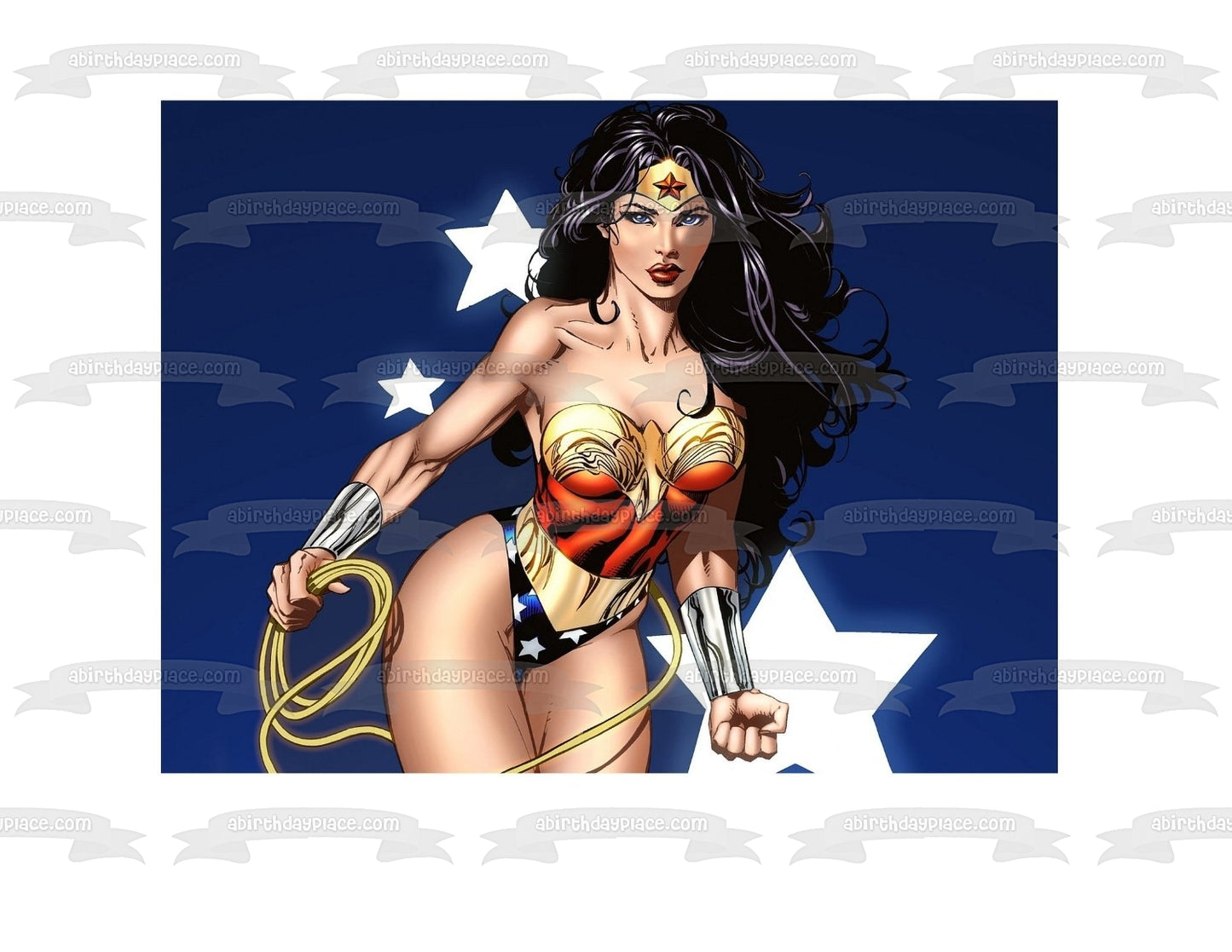 Adorno comestible para tarta con fondo azul y estrellas de Wonder Woman, imagen ABPID05816 