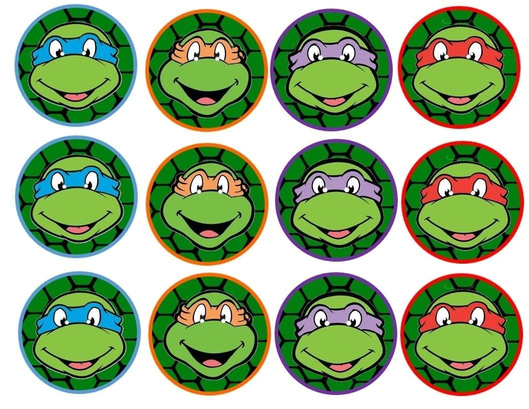 Tortugas Ninja mutantes adolescentes Donatello Michaelangelo Leonardo y Raphael Tmnt con un fondo de caparazón de tortuga verde Imágenes comestibles para cupcakes ABPID05958 