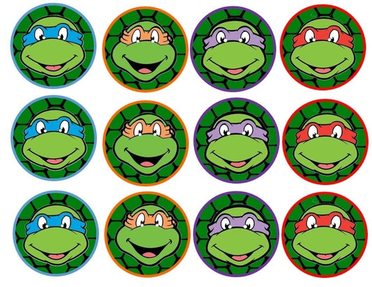 Teenage Mutant Ninja Turtles Donatello Michaelangelo Leonardo and Raphael Tmnt with a Green Turtle Shell Background Edible Cupcake Topper Images ABPID05958