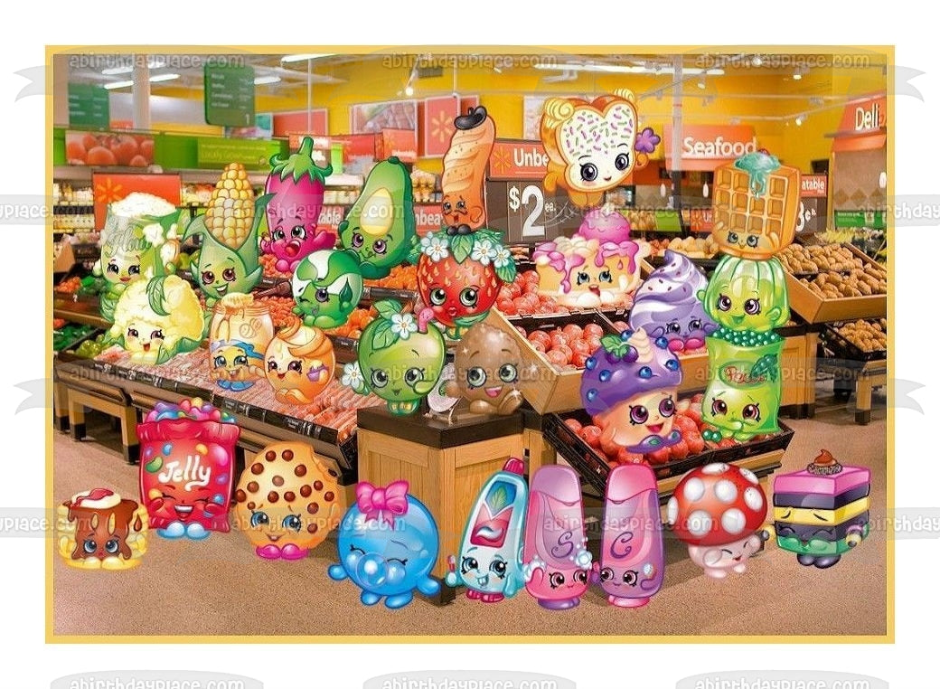 Shopkins Frutas y verduras Flor de manzana Beso de fresa Galleta Kookie Migas de hadas y adorno comestible para pastel de mazorca de maíz Imagen ABPID06132 