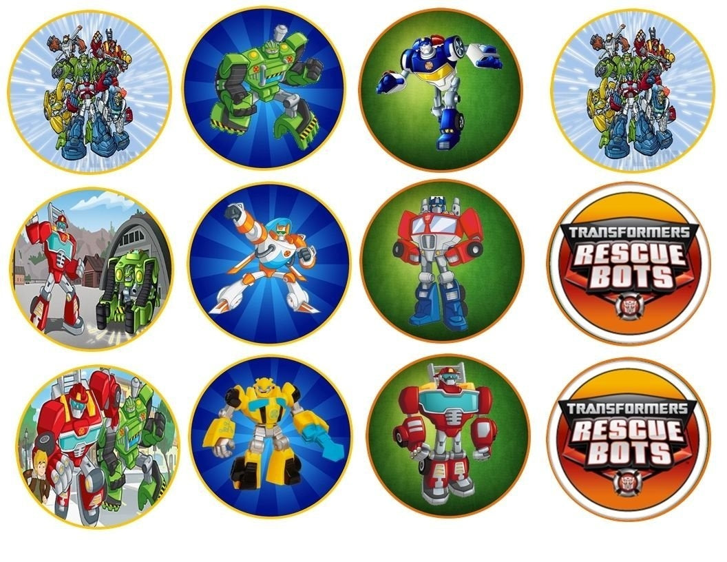 Transformers Rescue Bots Logo Optimus Prime Boulder Blades Quickshadow Chase Edible Cupcake Topper Images ABPID06199