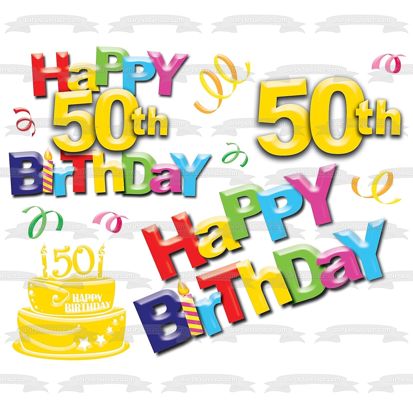 Happy 50th Birthday Cake and Streamers Edible Cake Topper Image ABPID06243