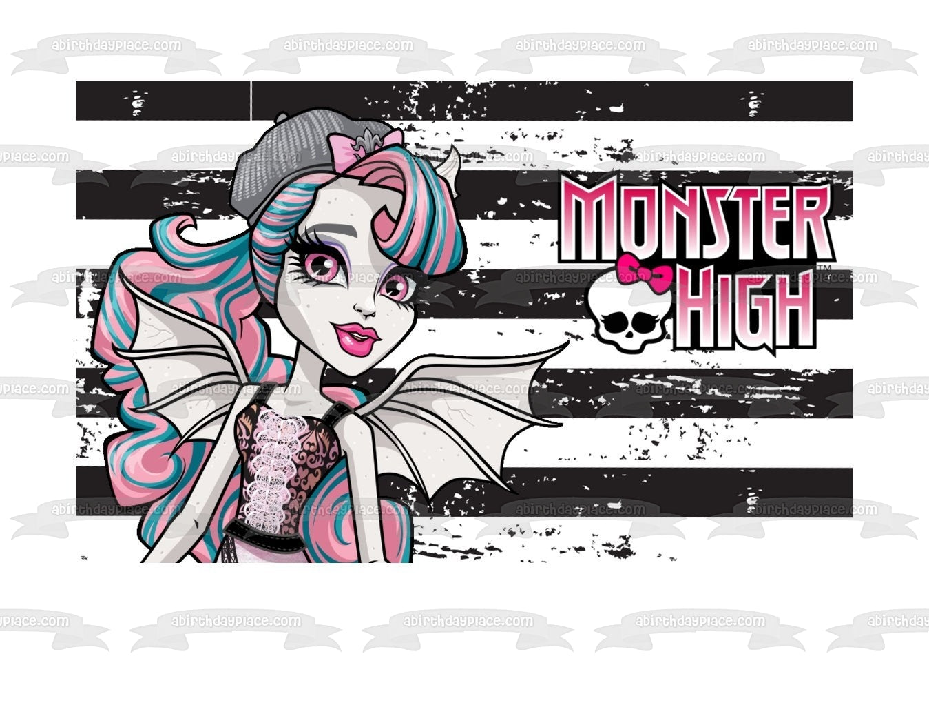 Monster High Logo Rochelle Rayas blancas y negras Adorno comestible para tarta Imagen ABPID06432 