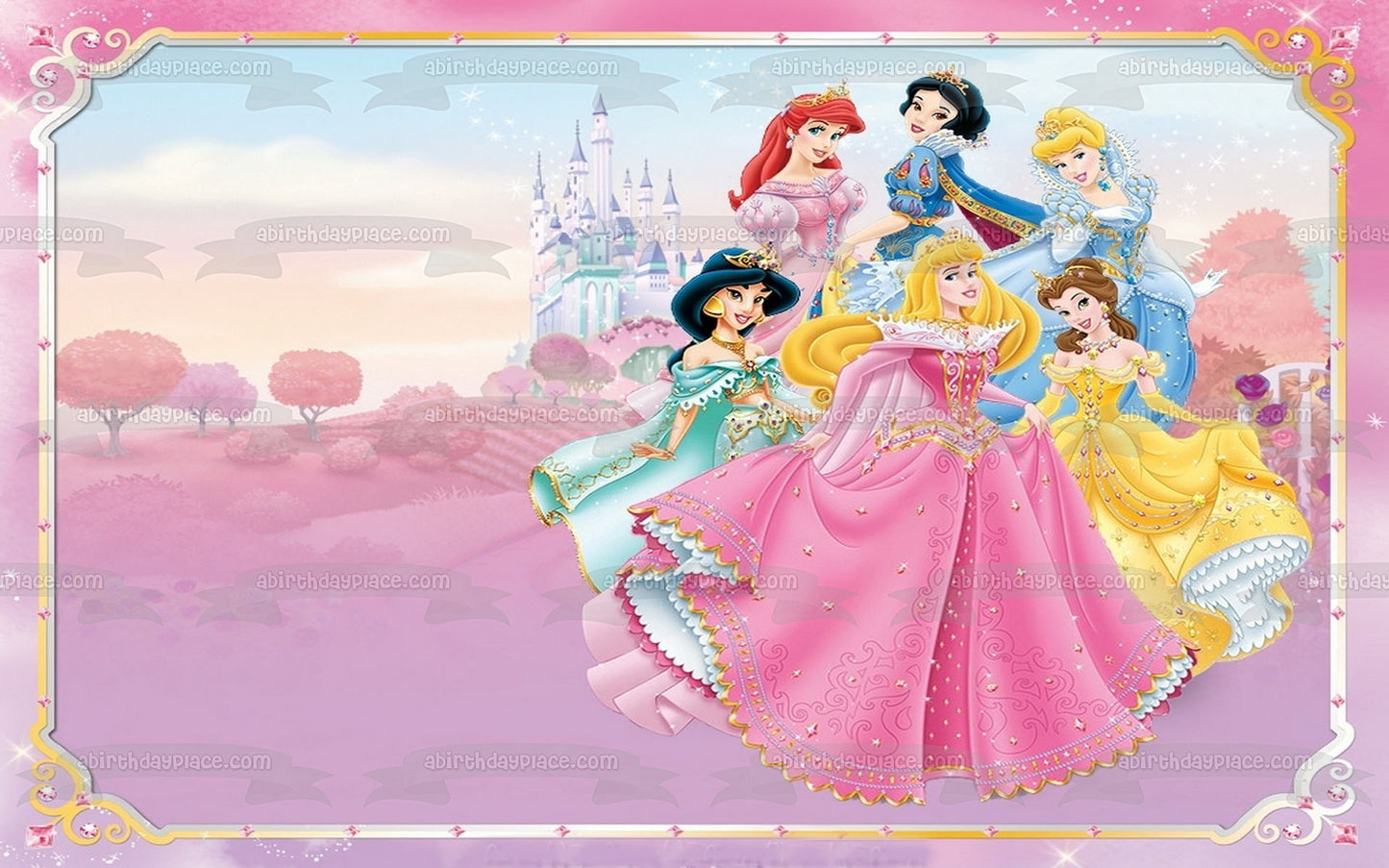 Princesas Aurora Jasmine Bella Cenicienta Ariel Blancanieves y un castillo Adorno comestible para tarta Imagen ABPID06454 