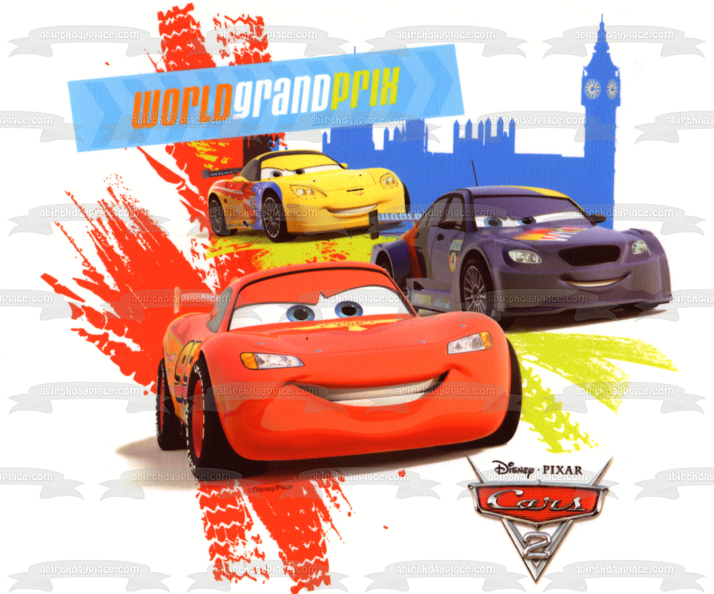 Cars 2 World Grand Prix Lightening McQueen Max Schnell and Miguel Camino Edible Cake Topper Image ABPID06537