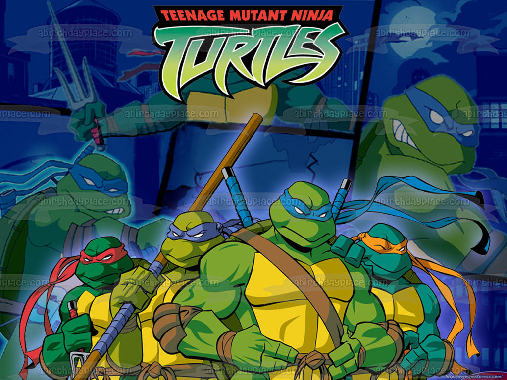 Logotipo de las Tortugas Ninja mutantes adolescentes Donatello Miguel Ángel Leonardo y Rafael con sus armas Adorno comestible para tarta Imagen ABPID06542 