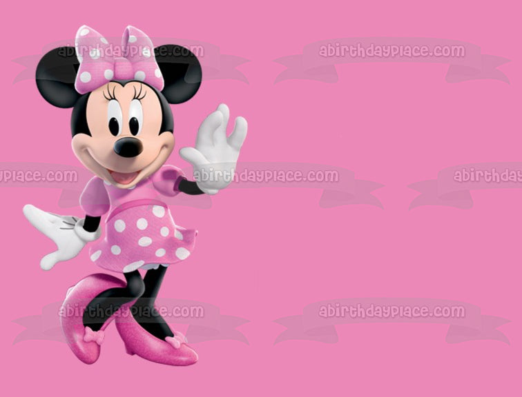 Adorno comestible para tarta con lazo rosa y fondo rosa de Minnie Mouse, imagen ABPID06583 