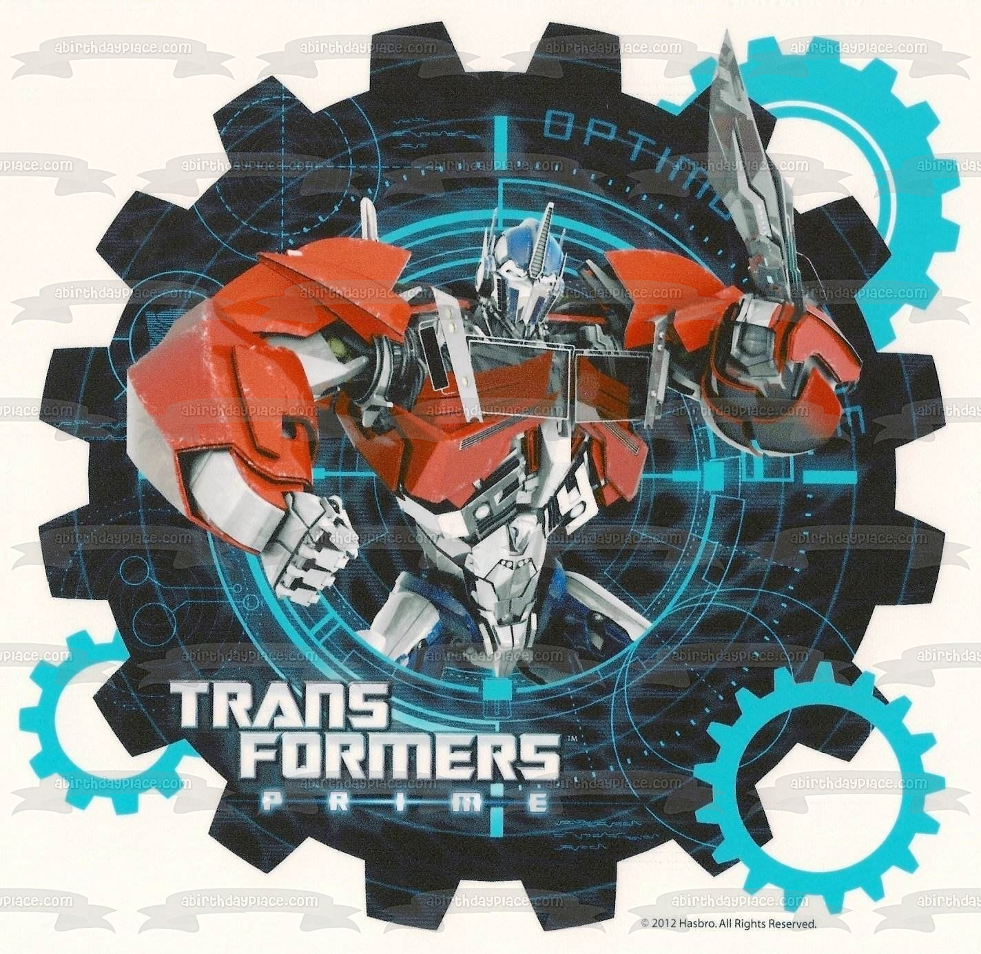 Transformers Optimus Prime Ion Blaster with an Assorted Gears Background Edible Cake Topper Image ABPID06659