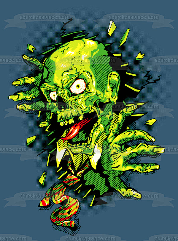 Zombie Cartoon Breaking Out of Wall Edible Cake Topper Image ABPID06784