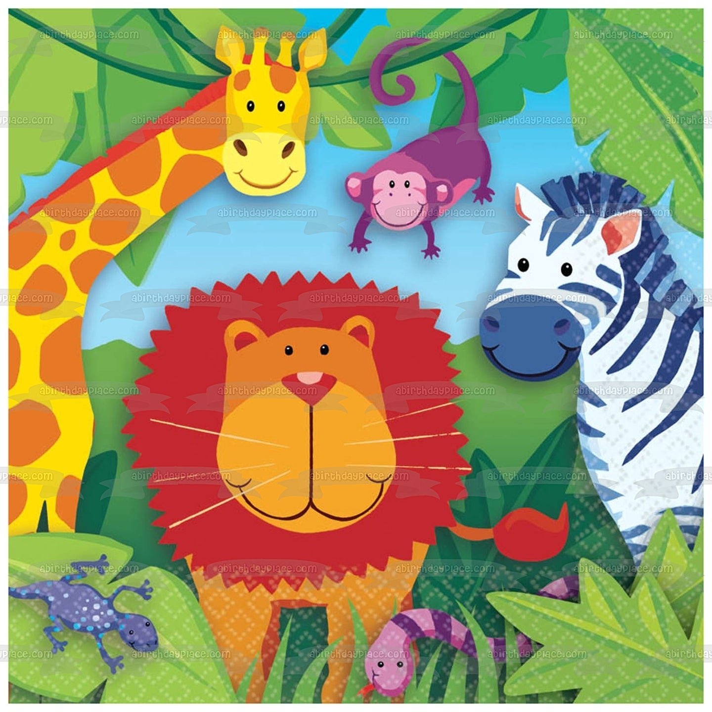 Jungle Animals Safari Giraffe Lion Zebra Monkey Lizard and a Snake Edible Cake Topper Image ABPID06793