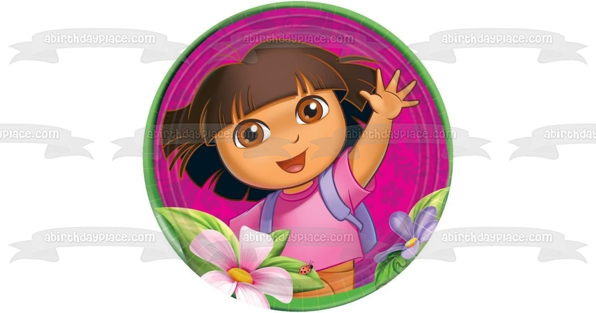 Dora the Explorer Flowers with a  Pink Background Edible Cake Topper Image ABPID06818