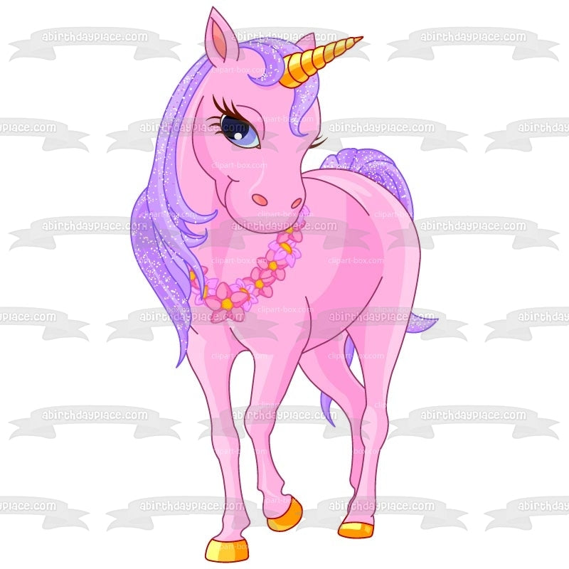 Pink Unicorn Gold Horn Flower and a Necklace Edible Cake Topper Image ABPID06905