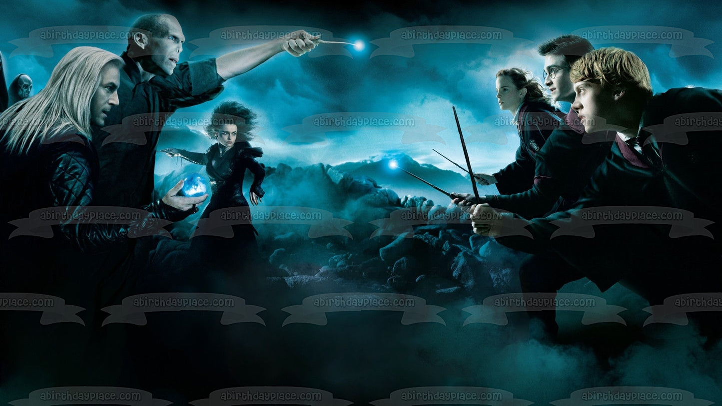 Harry Potter Hermione Granger Ron Weasley Serverus Snape y Draco Malfoy volando con varitas de bruja adorno comestible para tarta imagen ABPID06945 