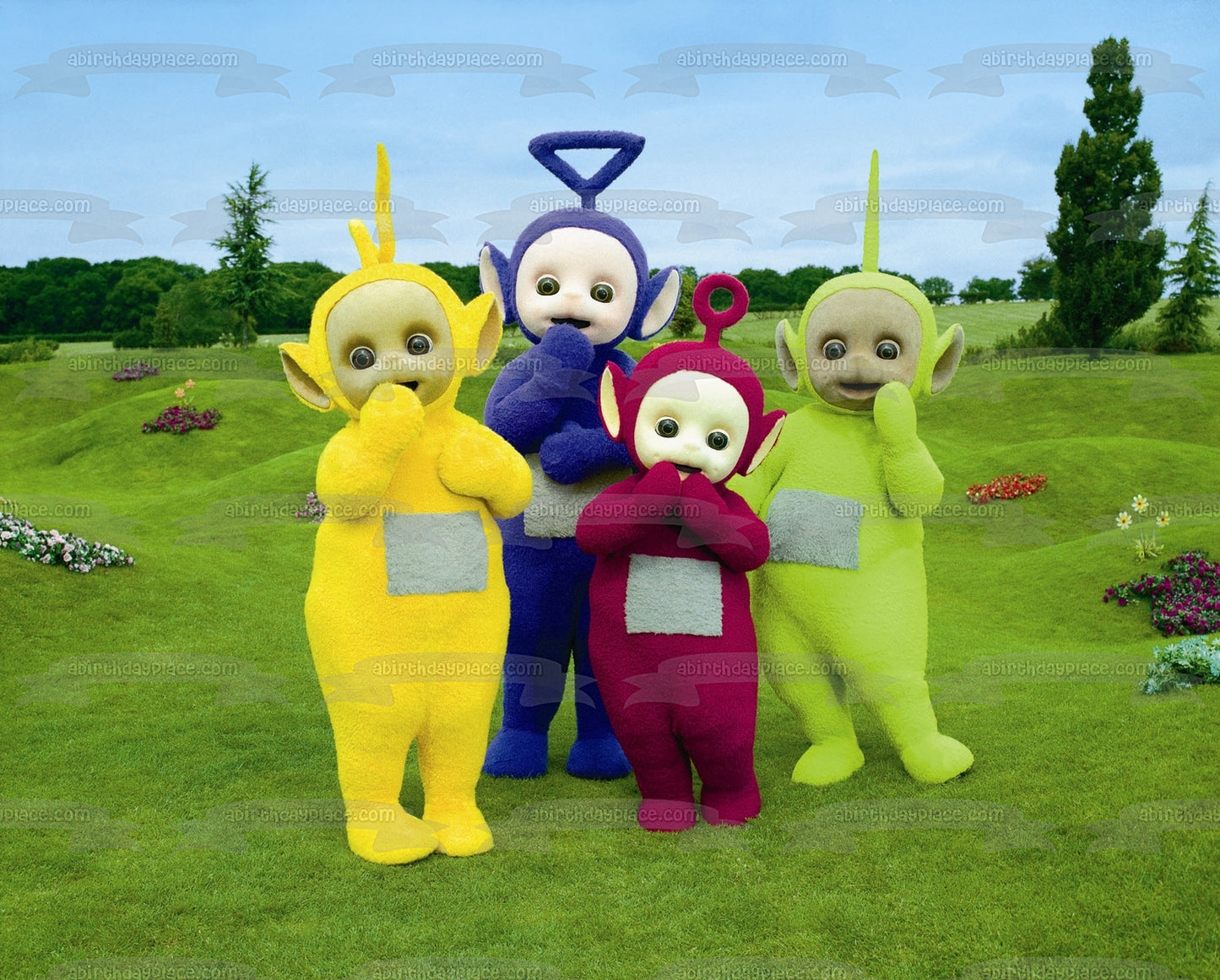 Teletubbies Tinky-Winky Laa-Laa Dipsy Po Trees and Flowers Background Edible Cake Topper Image ABPID06975